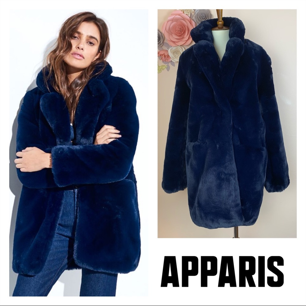 NWT - Apparis Sophie Navy Blue Plush Faux Fur Coat